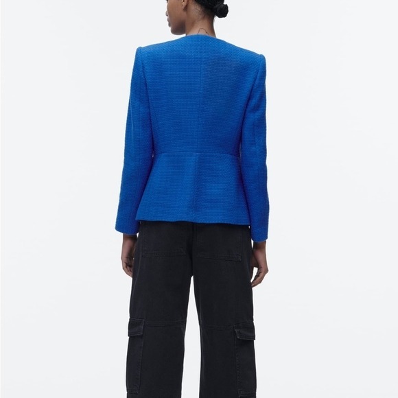 Zara Women Blue High Neck Double Breasted Textured Tailored Cotton Blazer Size M - Picture 5 of 17